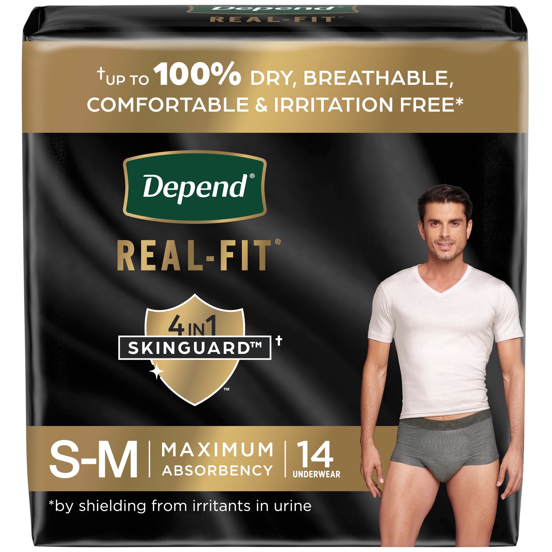 slide 1 of 4, Depend Real Fit Incontinence Underwear for Men, Disposable, Maximum Absorbency, Small/Medium, Grey, 14 Count, 14 ct