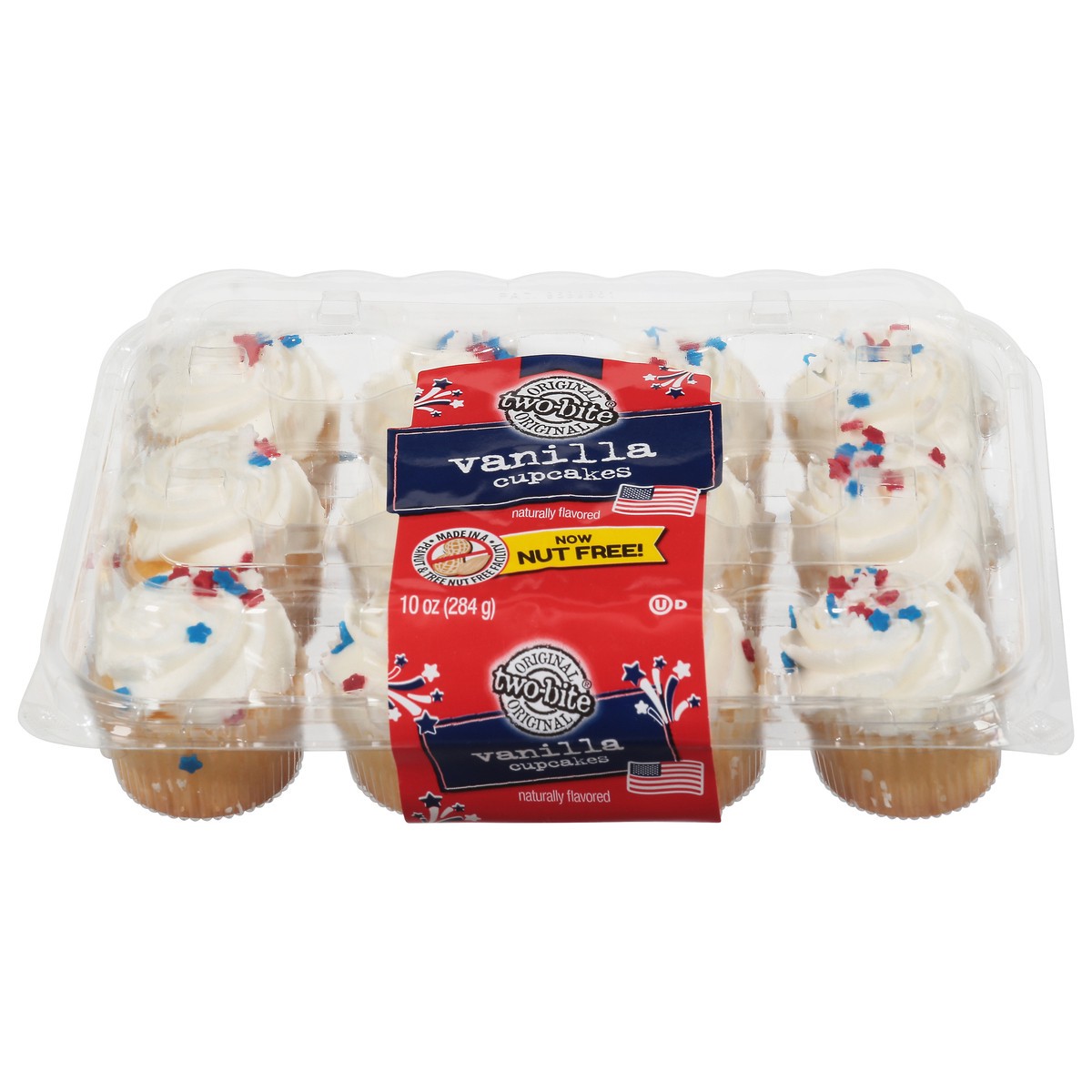 slide 1 of 13, two-bite Vanilla Patriotic Cupcakes, 10 oz