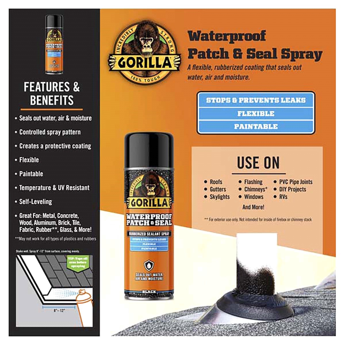 slide 8 of 13, Gorilla Glue Waterproof Patch & Seal Spray, Black, 16 oz