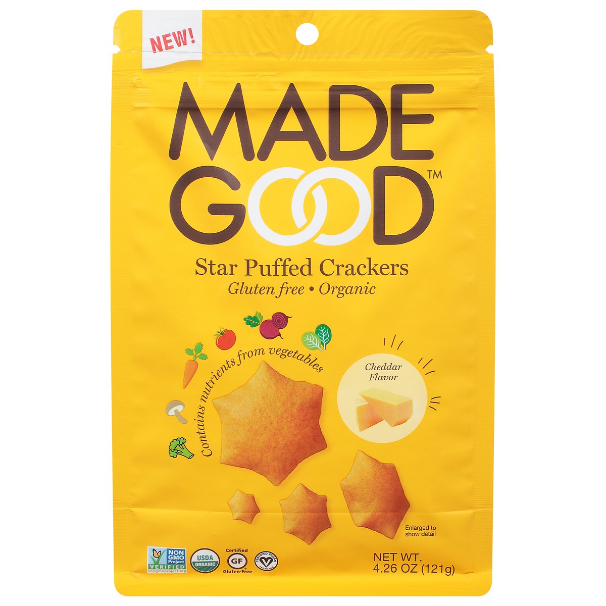 slide 1 of 3, MadeGood Organic Cheddar Flavor Star Puffed Crackers 4.26 oz, 4.26 oz