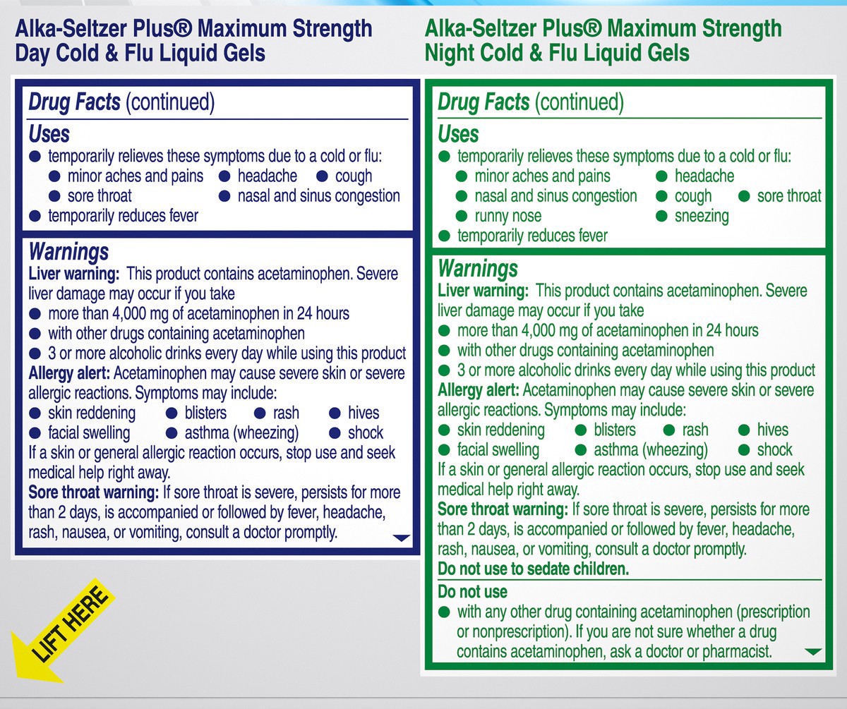 slide 3 of 7, Alka-Seltzer Plus Day Night Multi Symptom Cold Flu Formula Liquid Gels, 20 ct