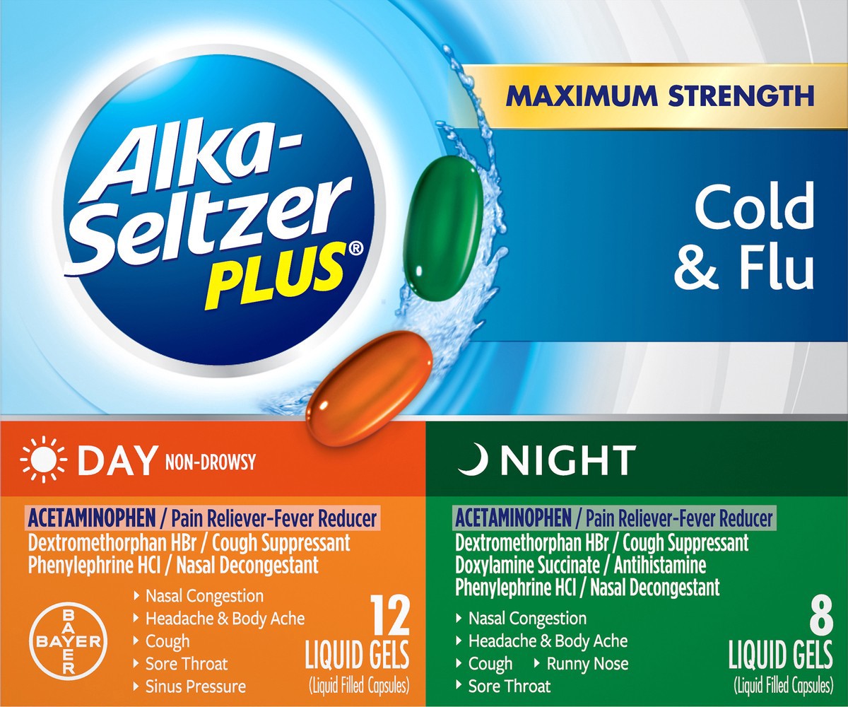 slide 4 of 7, Alka-Seltzer Plus Day Night Multi Symptom Cold Flu Formula Liquid Gels, 20 ct