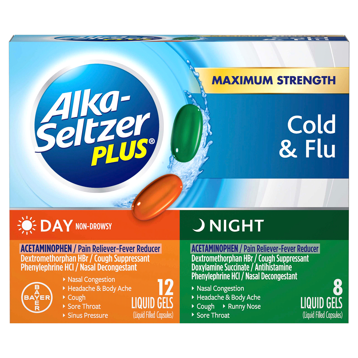 slide 1 of 4, Alka-Seltzer Plus Day Night Multi Symptom Cold Flu Formula Liquid Gels, 20 ct