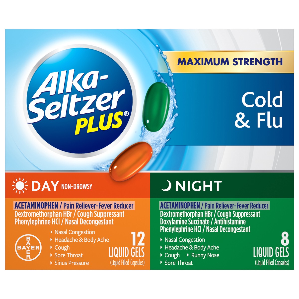 slide 1 of 7, Alka-Seltzer Plus Day Night Multi Symptom Cold Flu Formula Liquid Gels, 20 ct