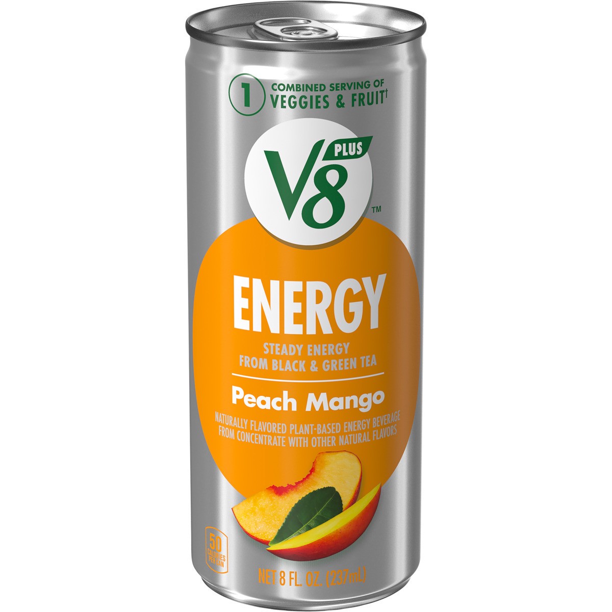 slide 1 of 5, V8 +Energy Peach Mango Juice Energy Drink, 8 fl oz Can, 8 oz