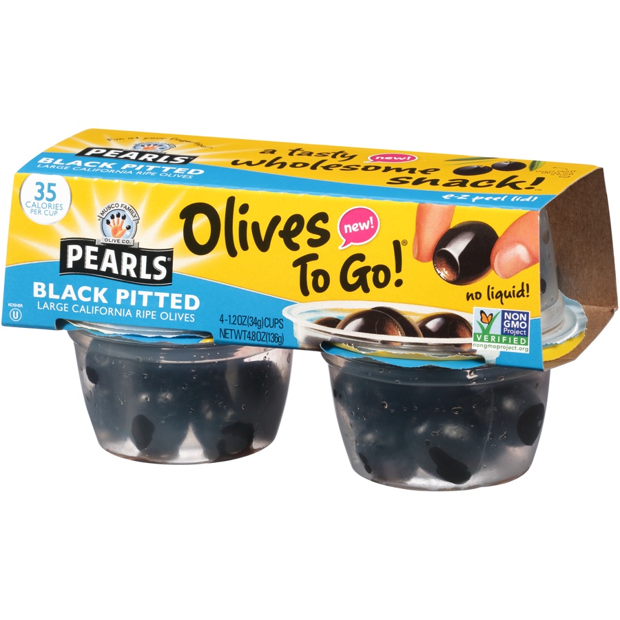 slide 3 of 3, Pearls Olives To Go! Black Pitted Large California Ripe Olives, 4 ct; 4.8 oz