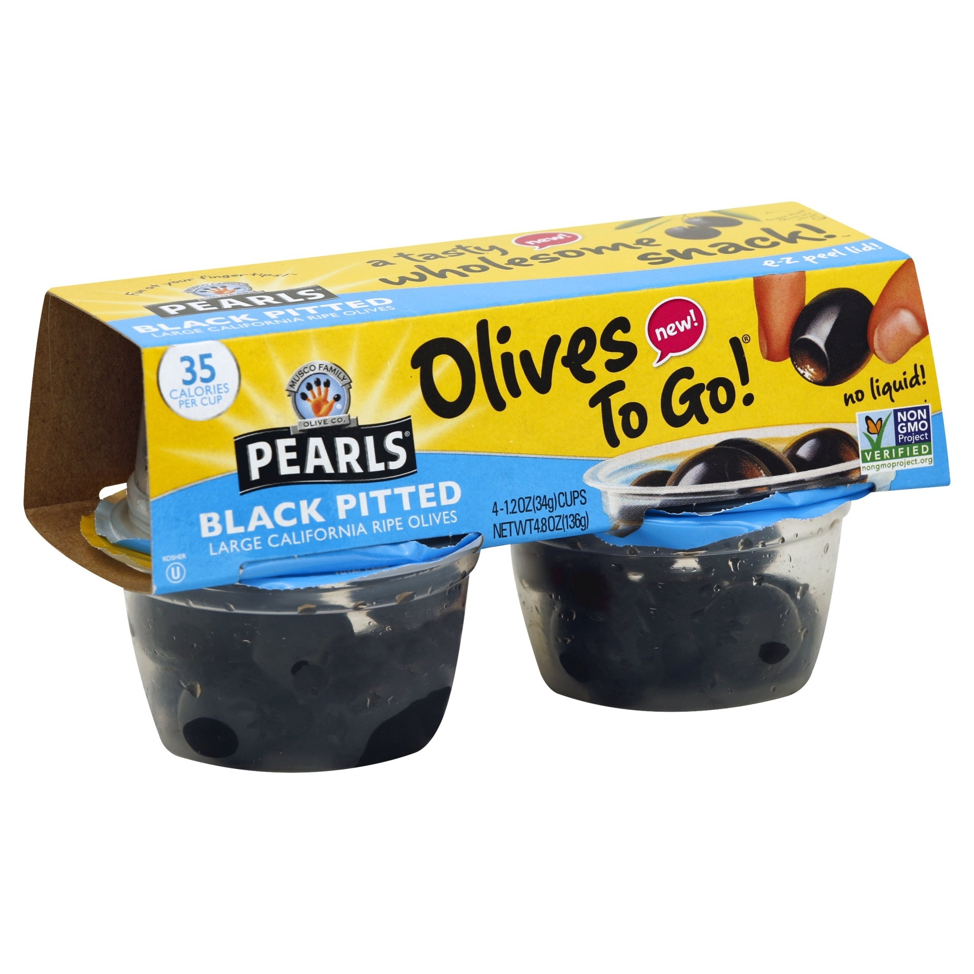 slide 1 of 3, Pearls Olives To Go! Black Pitted Large California Ripe Olives, 4 ct; 4.8 oz