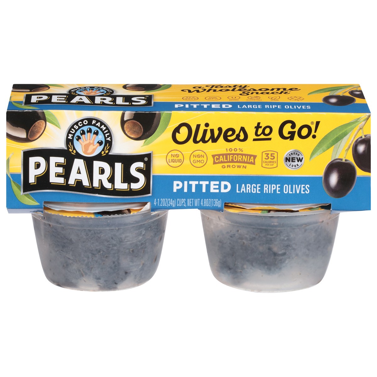 slide 1 of 9, Pearls Olives to Go Large Ripe Pitted Olives 4 - 1.2 oz Cups, 4 ct
