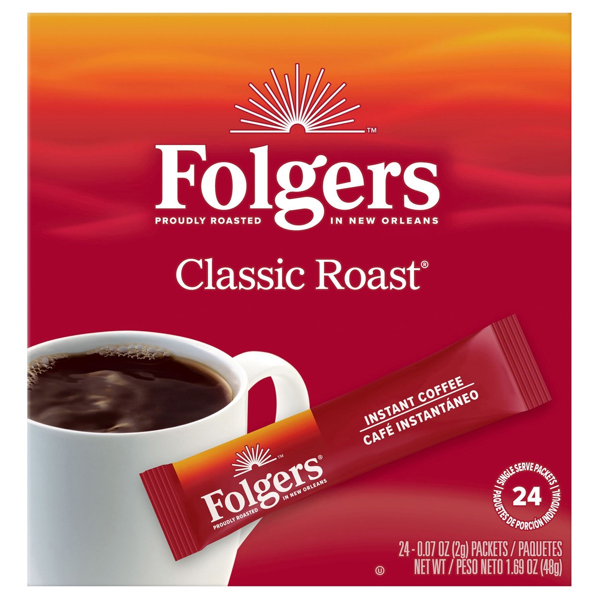 slide 1 of 7, Folgers Classic Roast Instant Coffee, Single Serving Packets, 24-Count, 24 ct