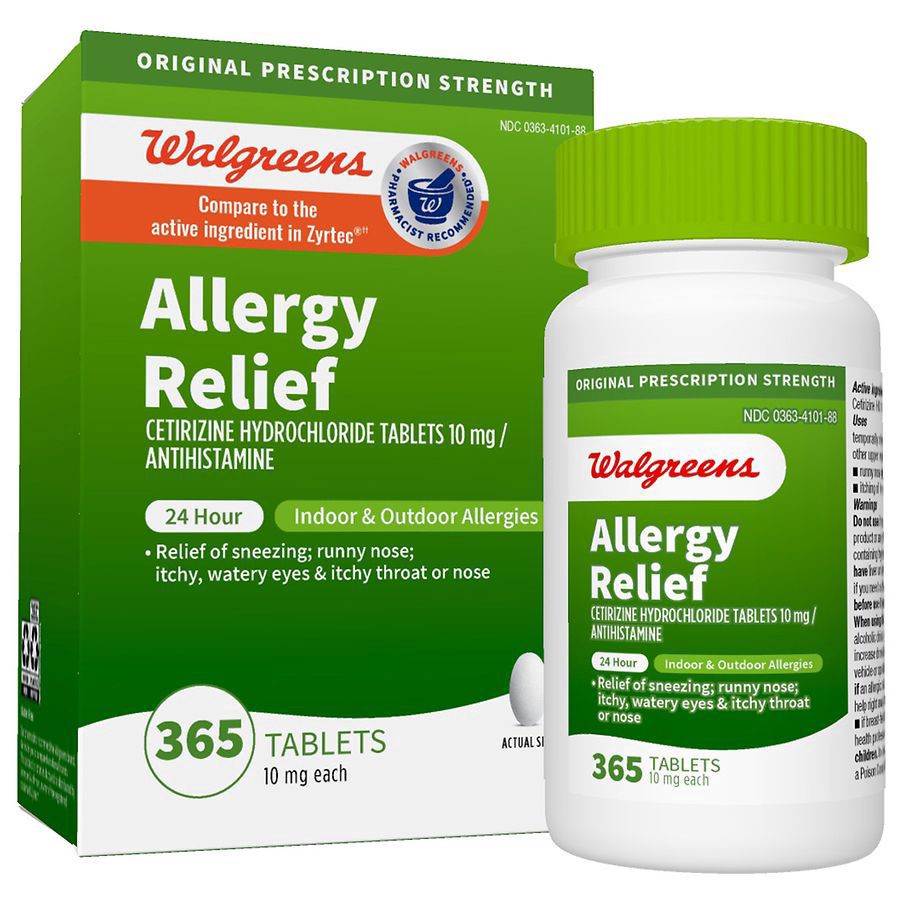 slide 2 of 5, Walgreens Allergy Relief 24 Hour Allergy, Cetirizine Hydrochloride Tablets, 365 ct
