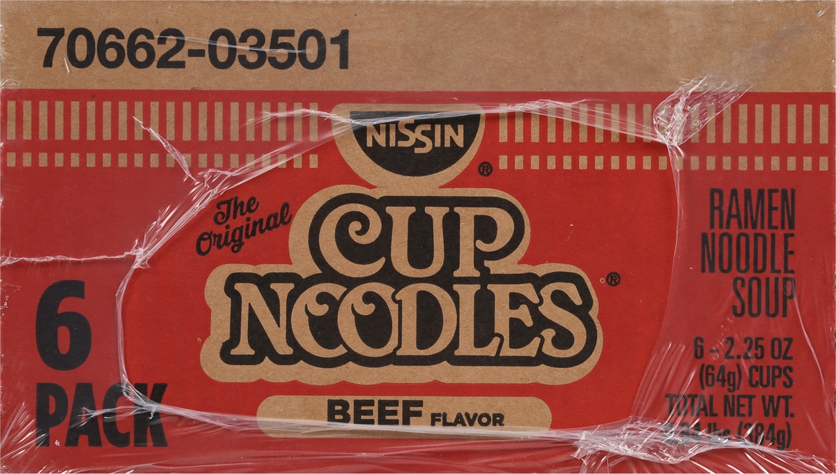 slide 2 of 9, Nissin Cup Noodles 6 Pack Beef Flavor Ramen Noodle Soup 6 - 2.25 oz Cups, 6 ct; 2.2 oz