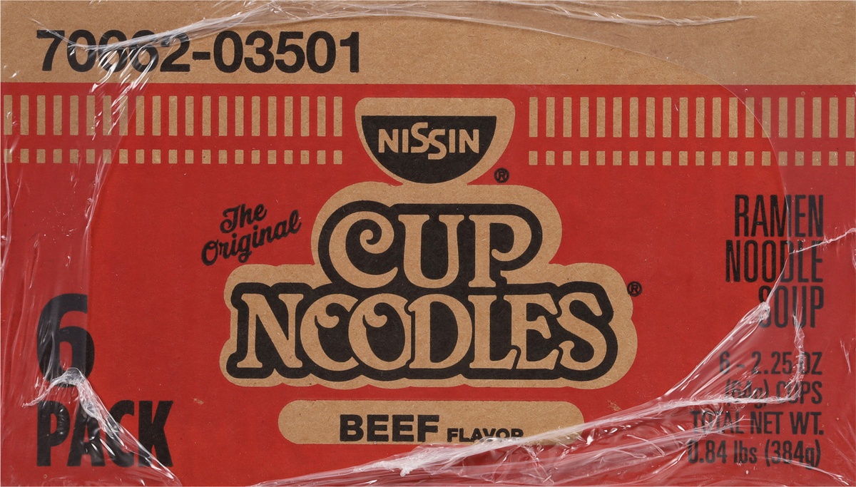 slide 3 of 9, Nissin Cup Noodles 6 Pack Beef Flavor Ramen Noodle Soup 6 - 2.25 oz Cups, 6 ct; 2.2 oz