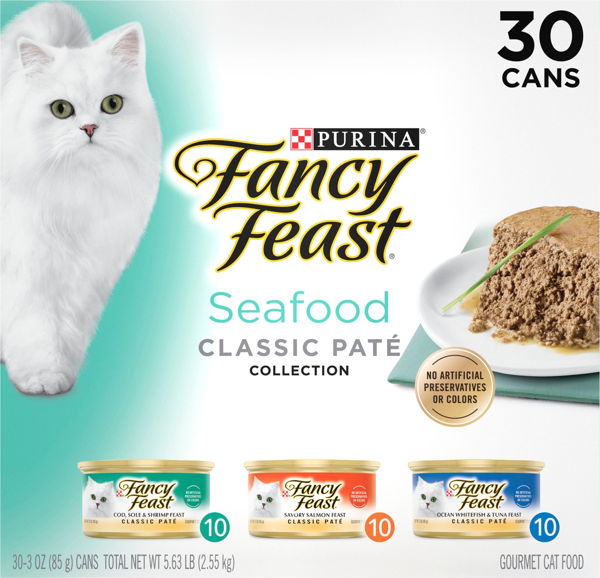 slide 8 of 8, Fancy Feast Purina Fancy Feast Seafood Classic Pate Collection Grain Free Wet Cat Food Variety Pack, 5.63 lb