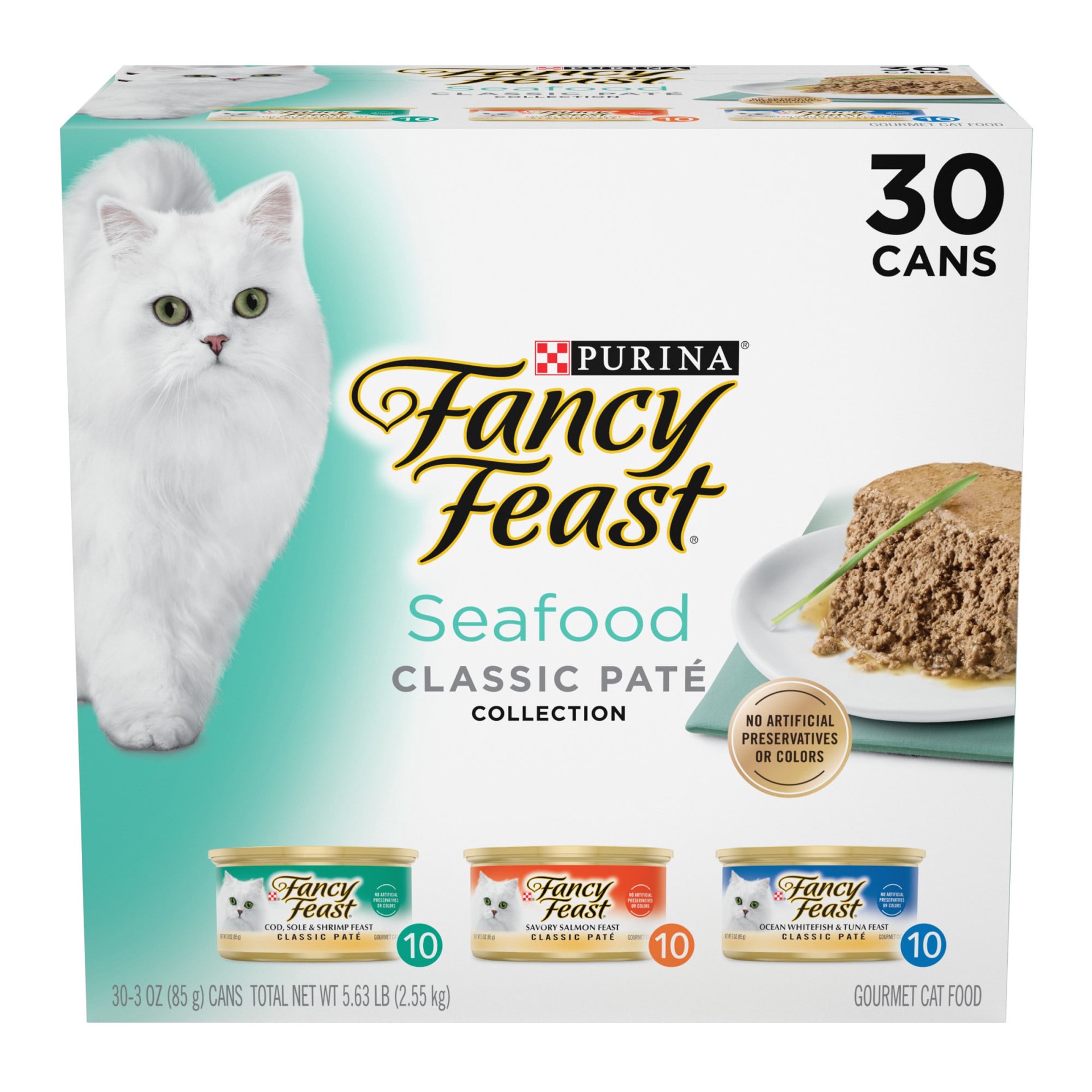 slide 1 of 8, Fancy Feast Purina Fancy Feast Seafood Classic Pate Collection Grain Free Wet Cat Food Variety Pack, 5.63 lb