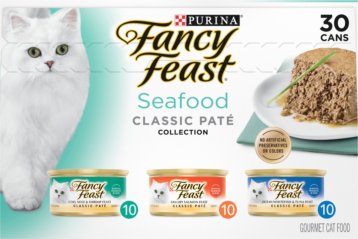 slide 5 of 8, Fancy Feast Purina Fancy Feast Seafood Classic Pate Collection Grain Free Wet Cat Food Variety Pack, 5.63 lb