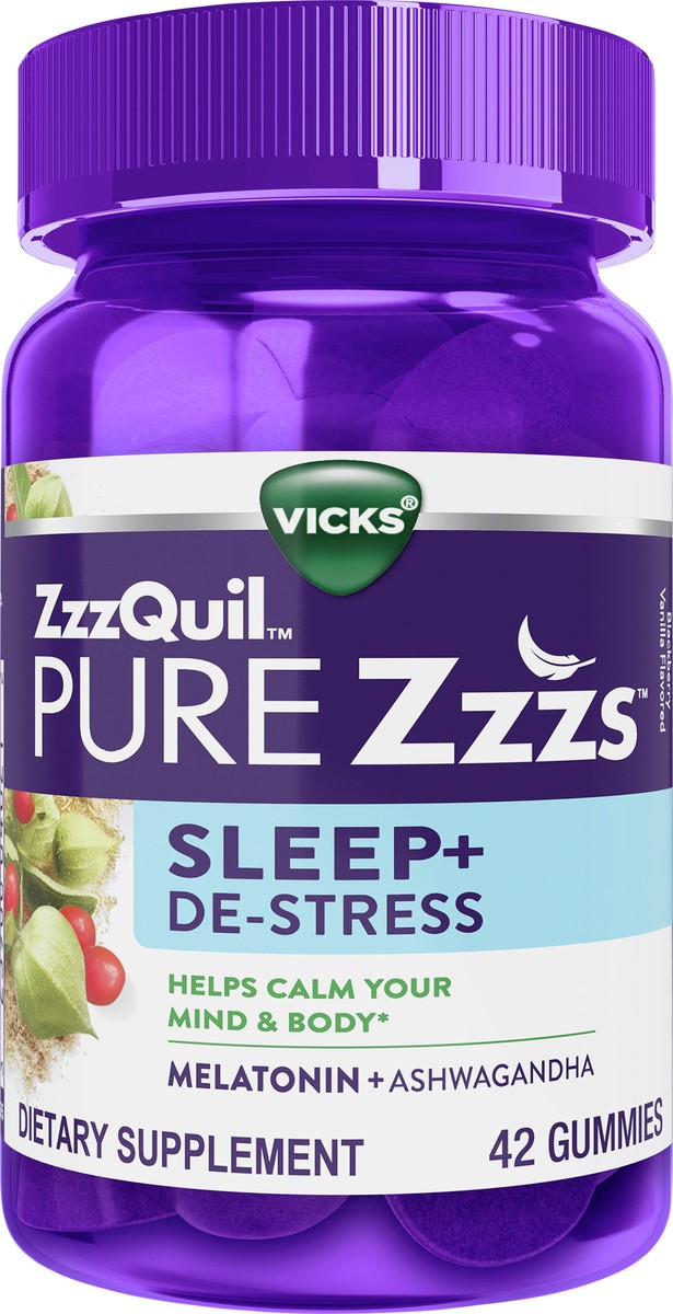 slide 2 of 2, ZzzQuil Pure De-Stress & Sleep Melatonin + Ashwagandha Gummies - Blackberry Vanilla - 42ct, 42 ct