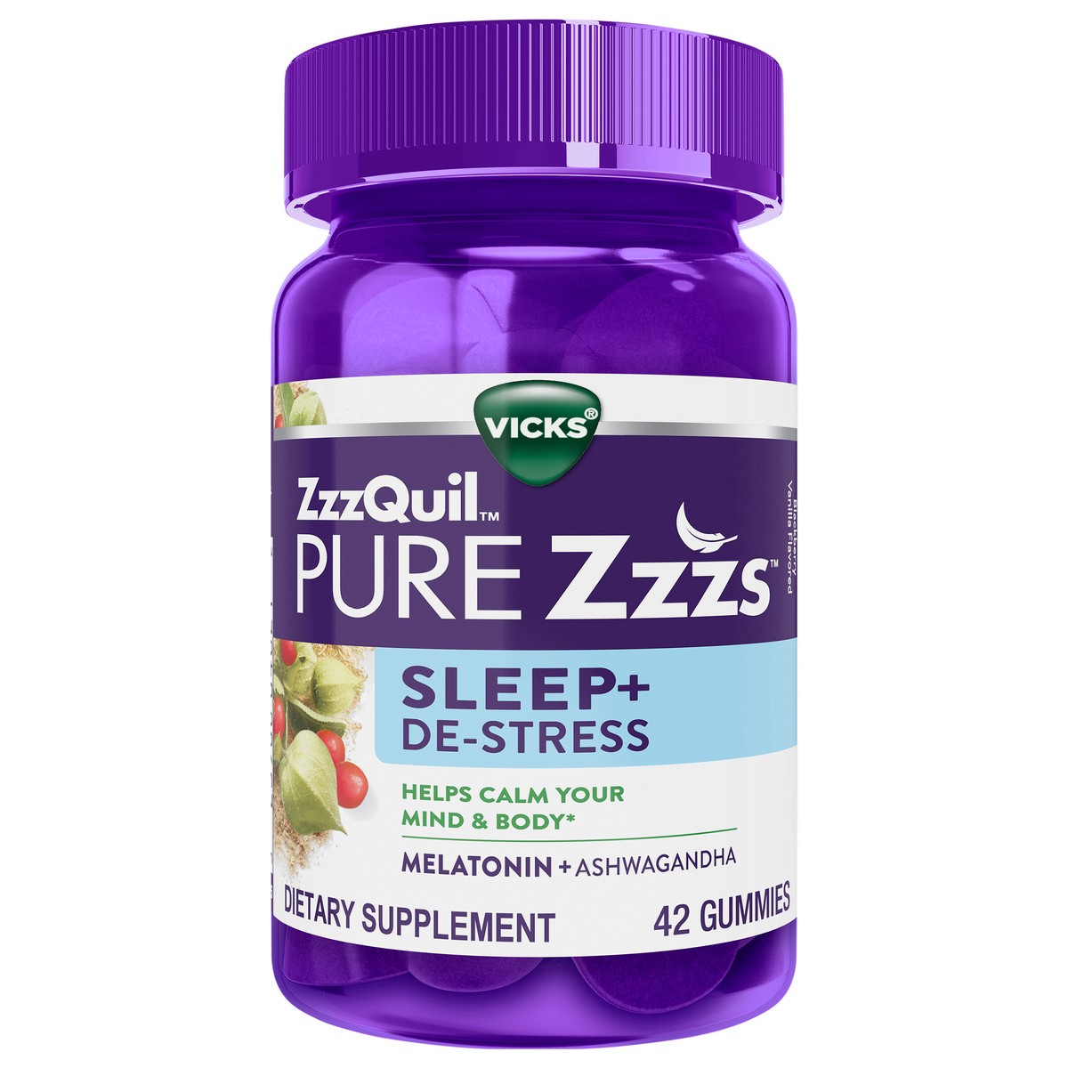 slide 1 of 2, ZzzQuil Pure Zzzs De-Stress & Sleep Melatonin + Ashwagandha Gummies - Blackberry Vanilla - 42ct, 42 ct