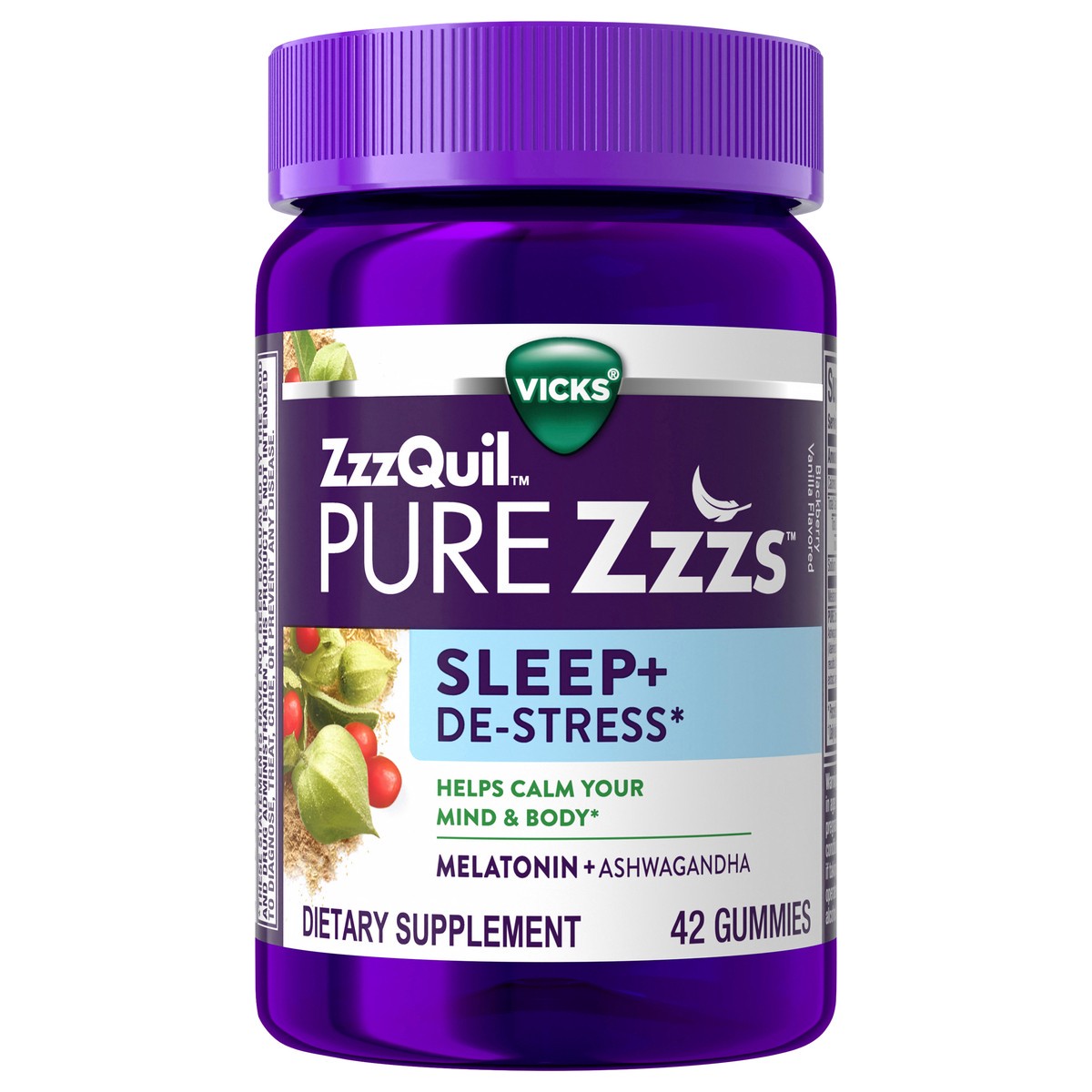 slide 1 of 2, Vicks ZzzQuil PURE Zzzs De-Stress Gummy, Melatonin Gummies, Sleep Aid, Melatonin 2mg, Ashwagandha for Stress Support, Melatonin Sleep Gummies, Sleep Aids for Adults, 42 Sleep Gummies, 42 ct