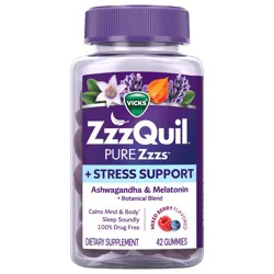Vicks ZzzQuil PURE Zzzs De-Stress Gummy, Melatonin Gummies, Sleep Aid, Melatonin 2mg, Ashwagandha for Stress Support, Melatonin Sleep Gummies, Sleep Aids for Adults, 42 Sleep Gummies