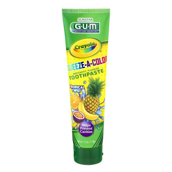 slide 1 of 1, G.U.M. Crayola Squeeze-A-Color Anticavity Fluoride Toothpaste, 4.2 oz