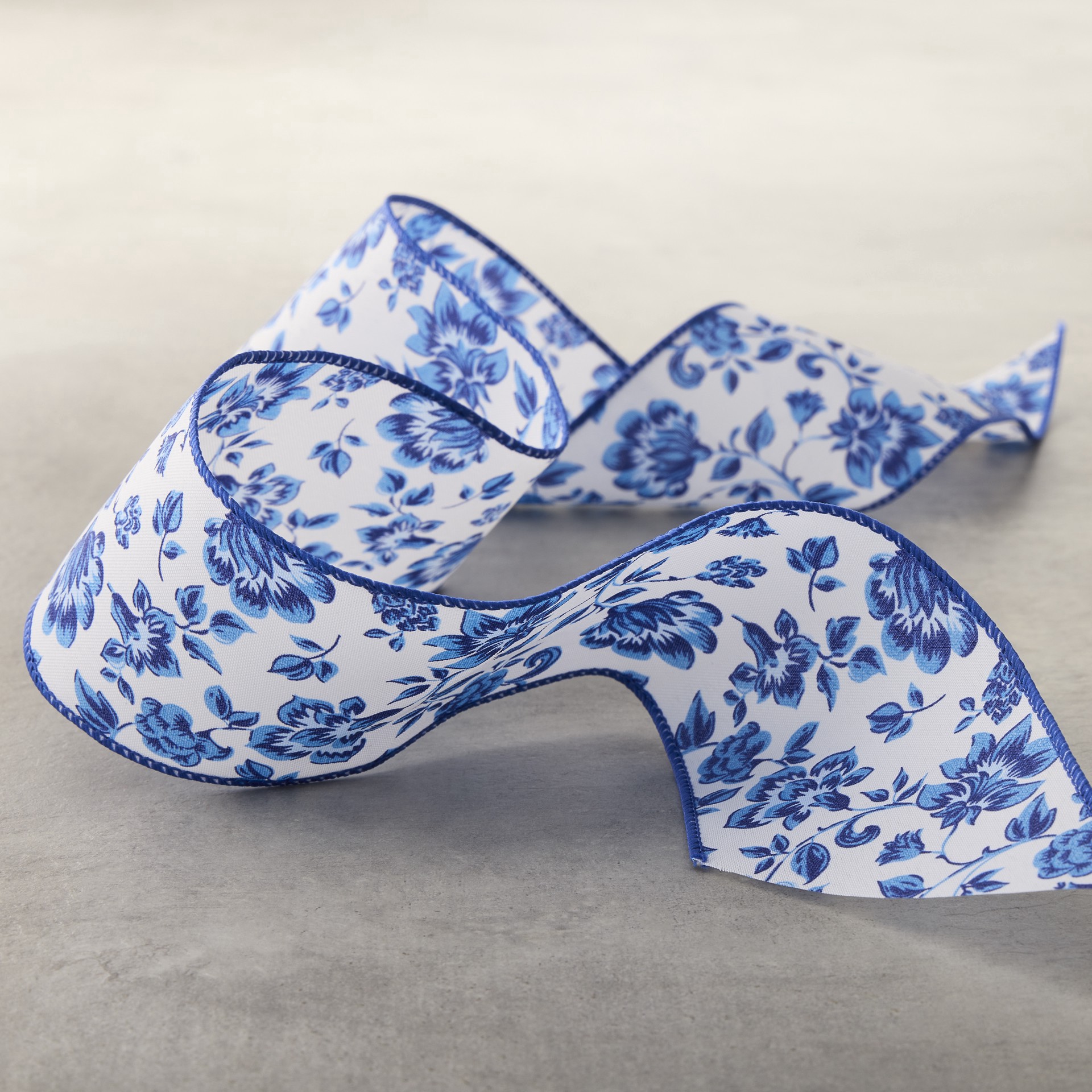 slide 2 of 2, 2.5" X 3yd. Blue Chinoiserie Floral Wired Edge Ribbon By Celebrate It, 2.5 in x 3 yd