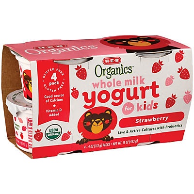 slide 1 of 1, H-E-B Organics Whole Milk Strawberry Yogurt, 6 ct