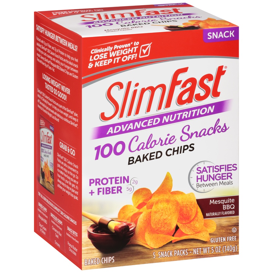 slide 2 of 8, SlimFast Advanced Nutrition 100 Calorie Mesquite BBQ Baked Crisps, 5 ct