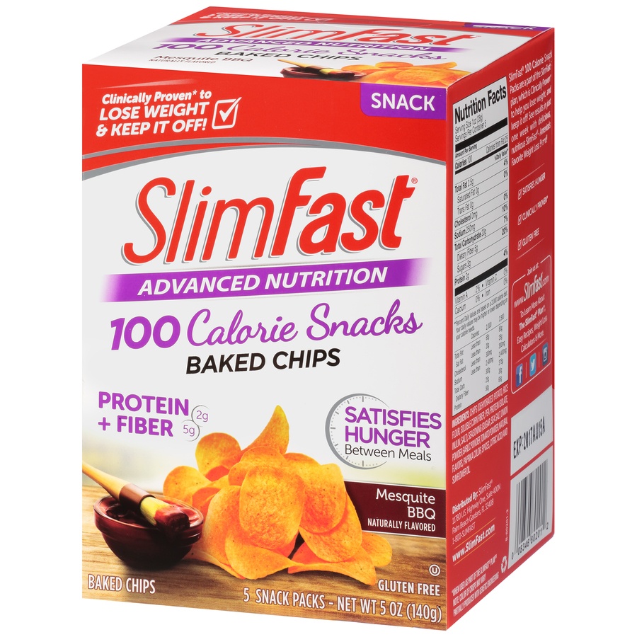 slide 3 of 8, SlimFast Advanced Nutrition 100 Calorie Mesquite BBQ Baked Crisps, 5 ct