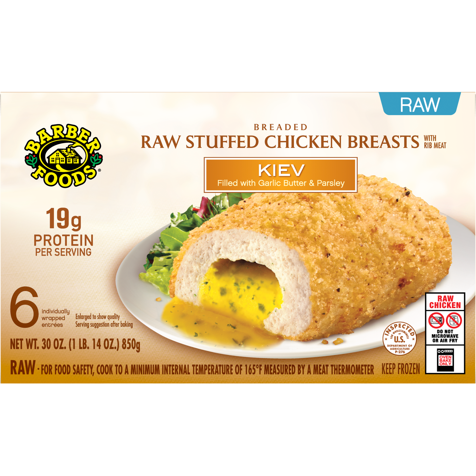 slide 1 of 8, Barber Foods Stuffed Chicken Breasts Kiev, 6 Count, 6 ct; 30 oz