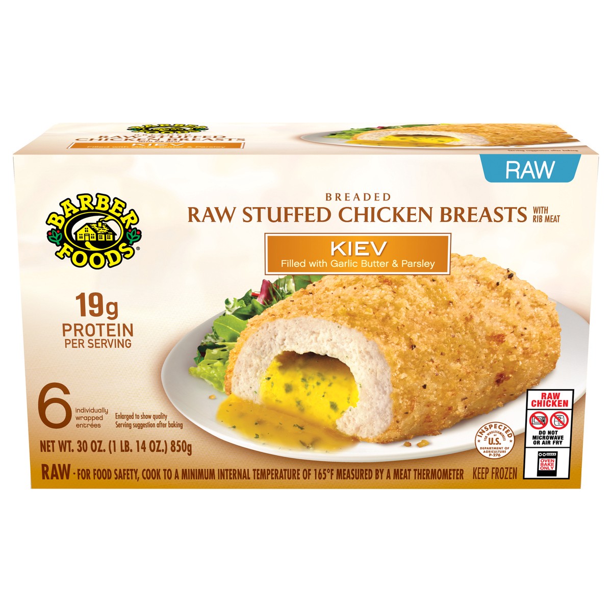 slide 1 of 8, Barber Foods Stuffed Chicken Breasts Kiev, 6 Count, 850.49 gram