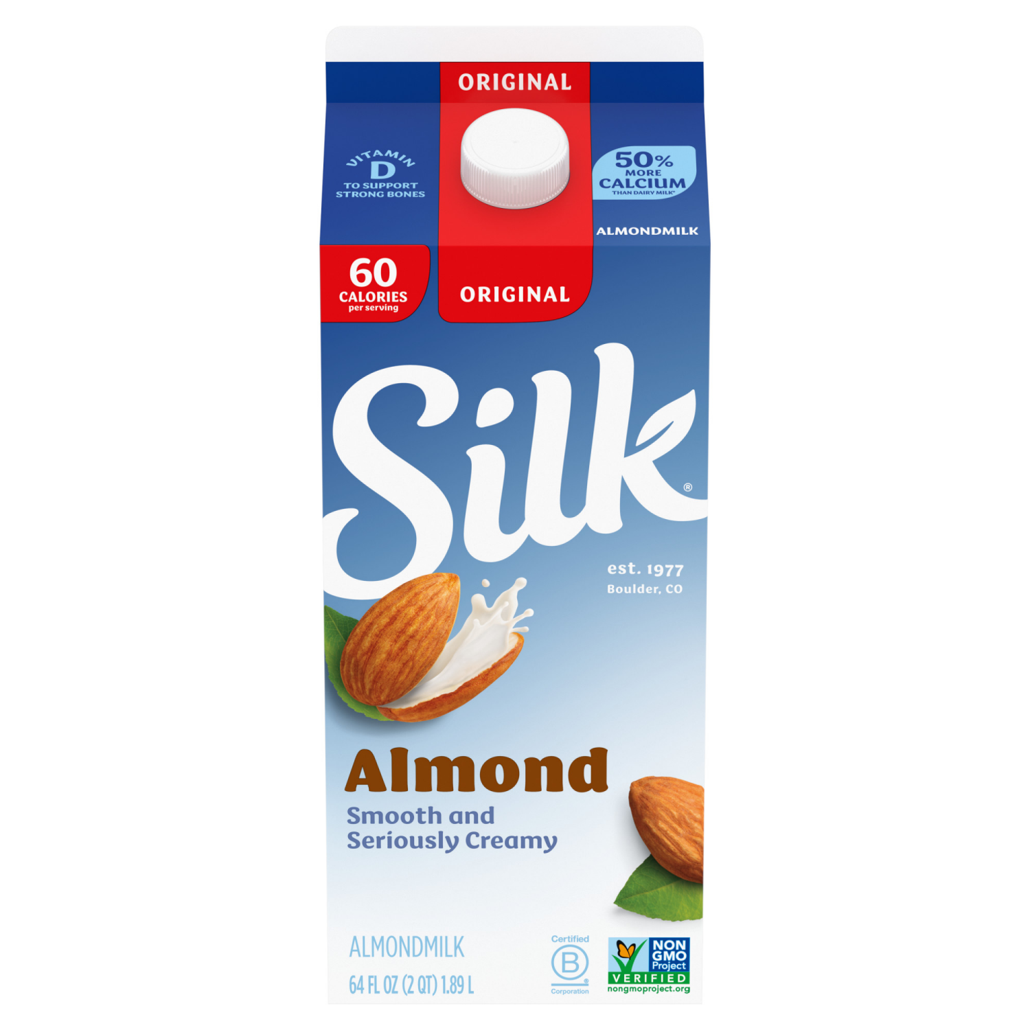 slide 2 of 5, Silk Dairy Free Vegan Original Almond Milk Half Gallon, 64 fl oz