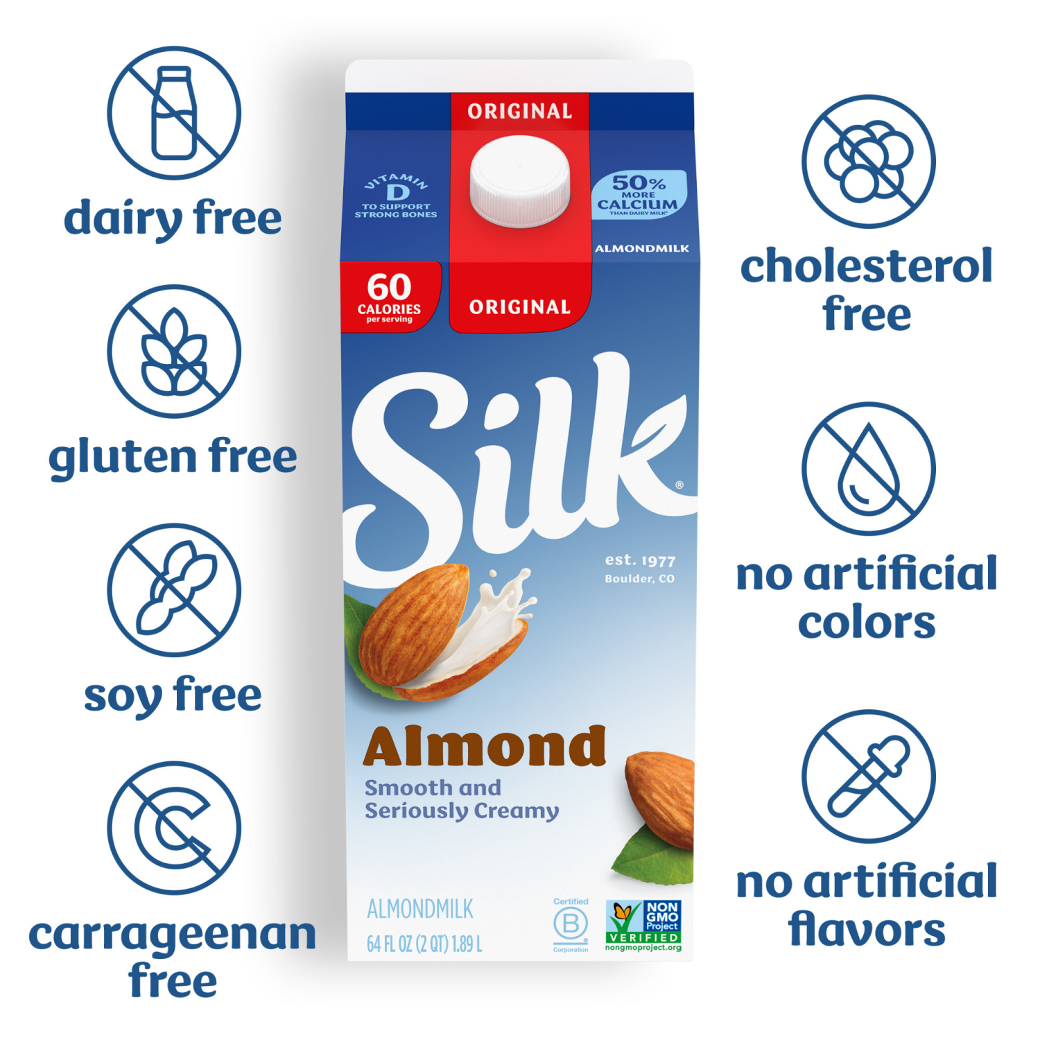 slide 5 of 5, Silk Dairy Free Vegan Original Almond Milk Half Gallon, 64 fl oz