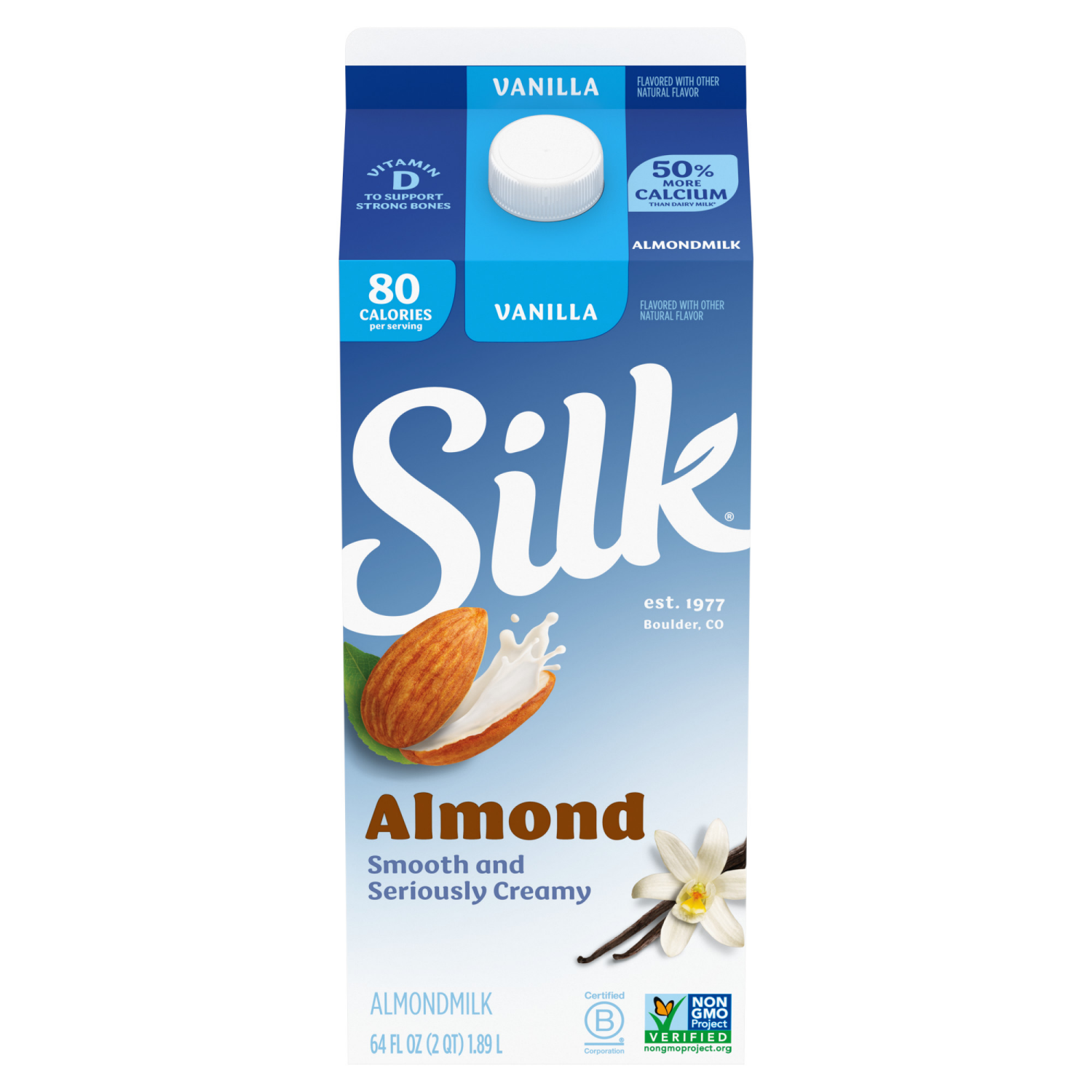 slide 2 of 5, Silk Almond Milk, Vanilla, Dairy Free, Gluten Free, 64 FL OZ Half Gallon, 64 fl oz