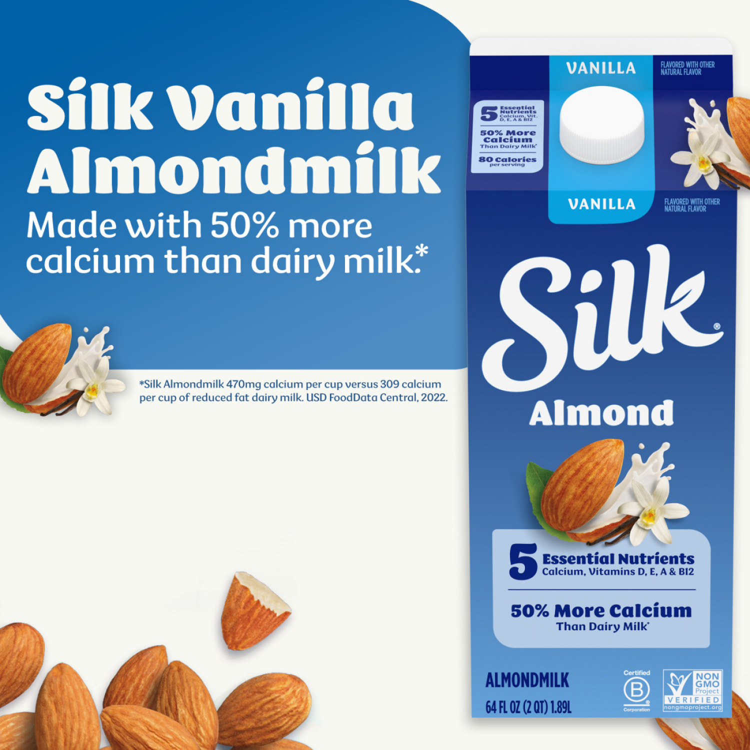slide 4 of 8, Silk Almond Milk, Vanilla, Dairy Free, Gluten Free, 64 FL OZ Half Gallon, 64 fl oz