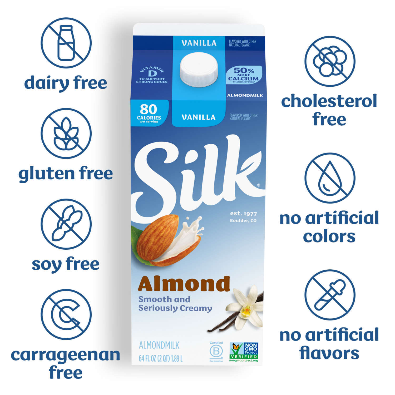 slide 5 of 5, Silk Almond Milk, Vanilla, Dairy Free, Gluten Free, 64 FL OZ Half Gallon, 64 fl oz