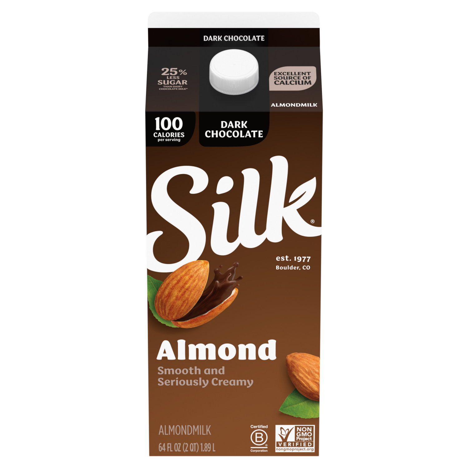 slide 2 of 5, Silk Almond Milk, Dark Chocolate, Dairy Free, Gluten Free, 64 FL OZ Half Gallon, 64 fl oz