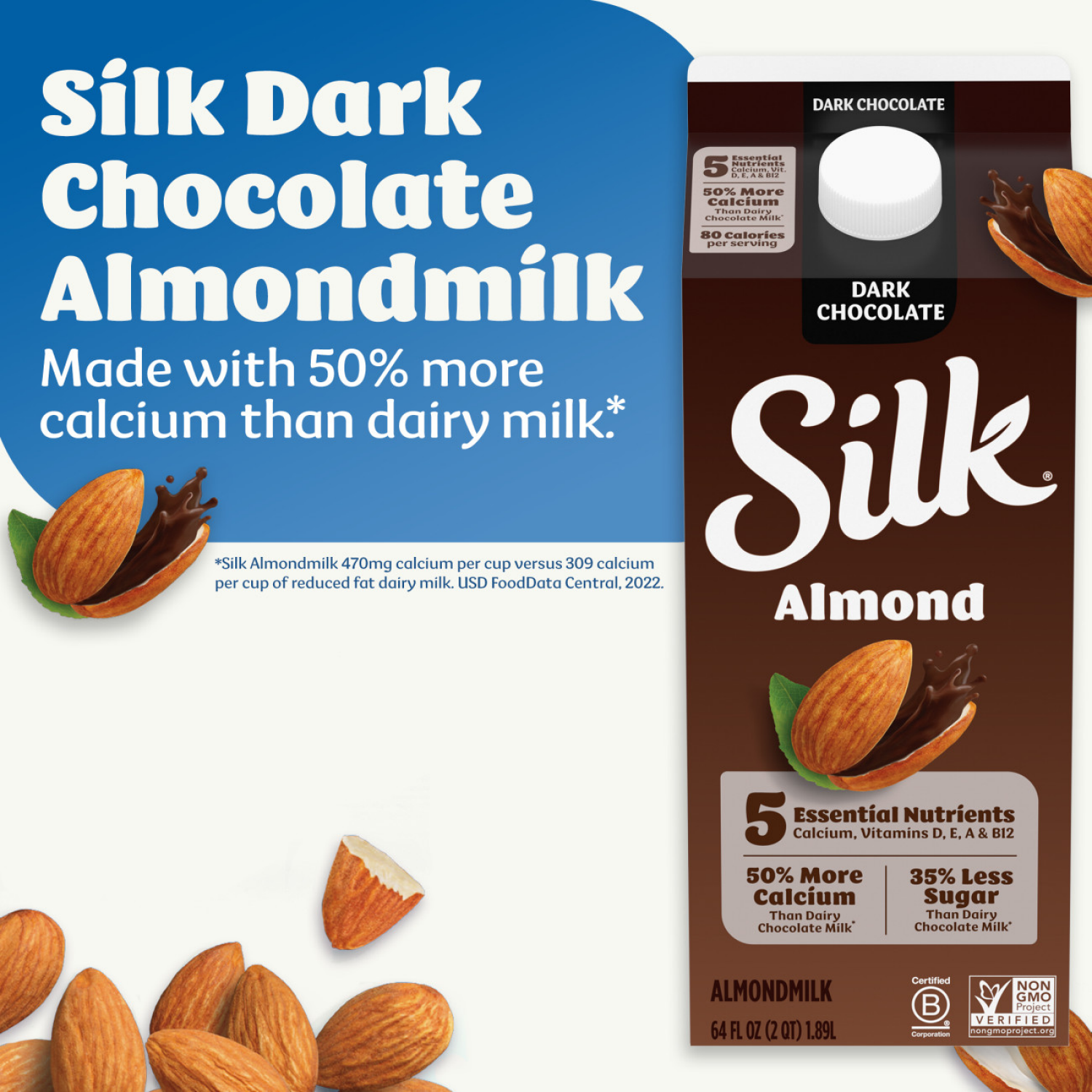 slide 4 of 8, Silk Almond Milk, Dark Chocolate, Dairy Free, Gluten Free, 64 FL OZ Half Gallon, 64 fl oz
