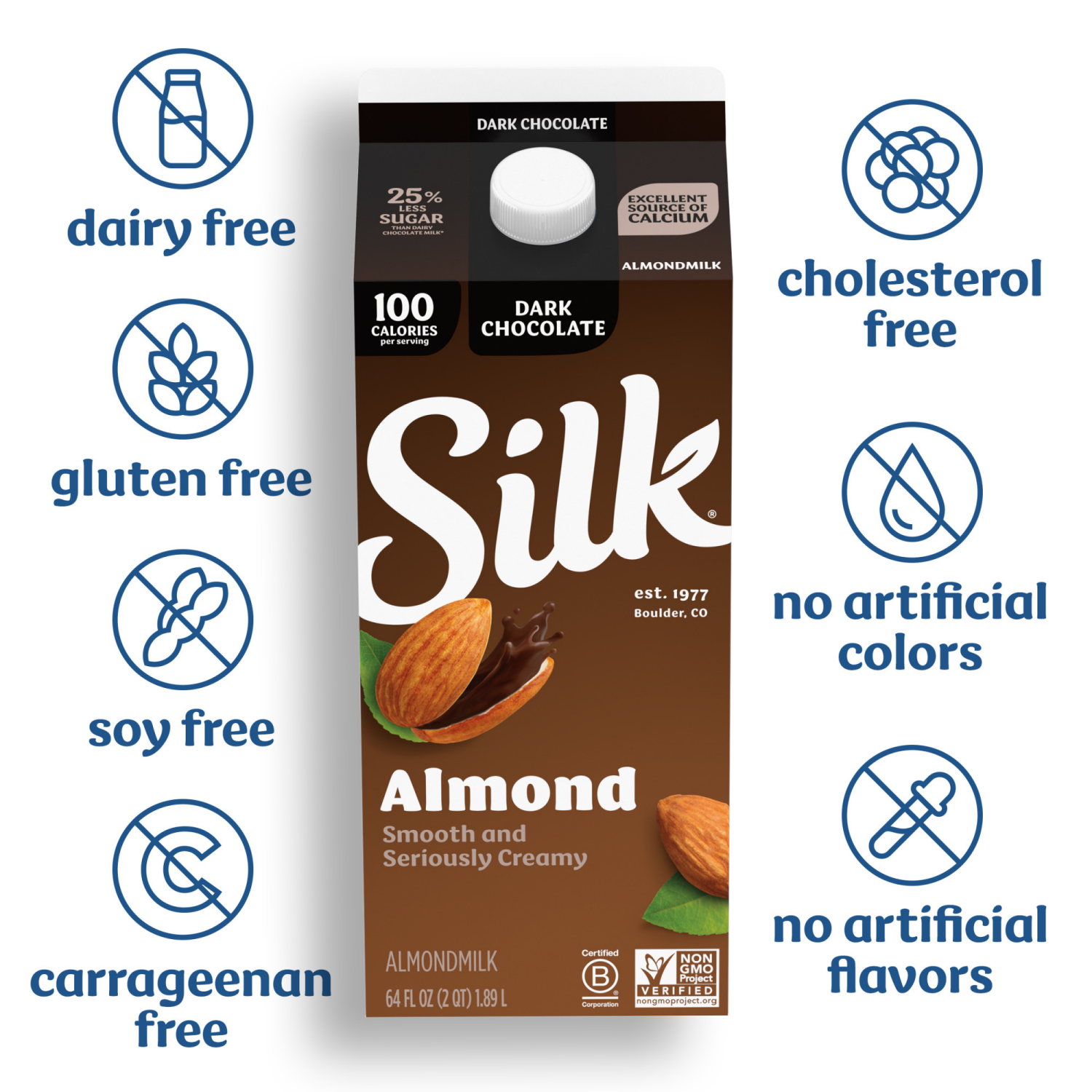 slide 5 of 5, Silk Almond Milk, Dark Chocolate, Dairy Free, Gluten Free, 64 FL OZ Half Gallon, 64 fl oz