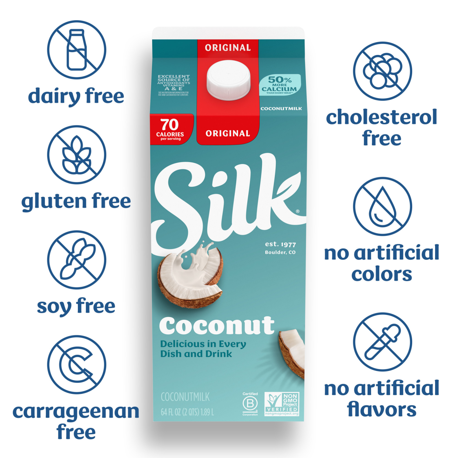 slide 2 of 5, Silk Coconut Milk, Original, Dairy Free, Gluten Free, 64 FL OZ Half Gallon, 64 fl oz