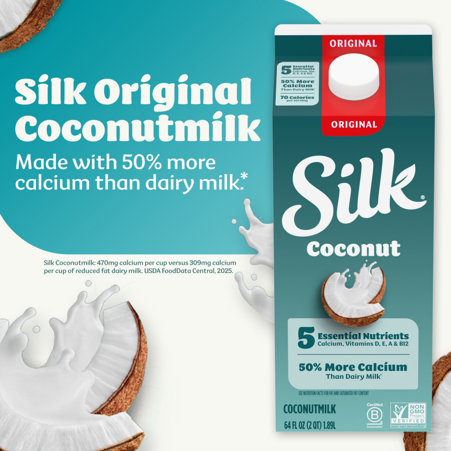 slide 4 of 8, Silk Coconut Milk, Original, Dairy Free, Gluten Free, 64 FL OZ Half Gallon, 64 fl oz