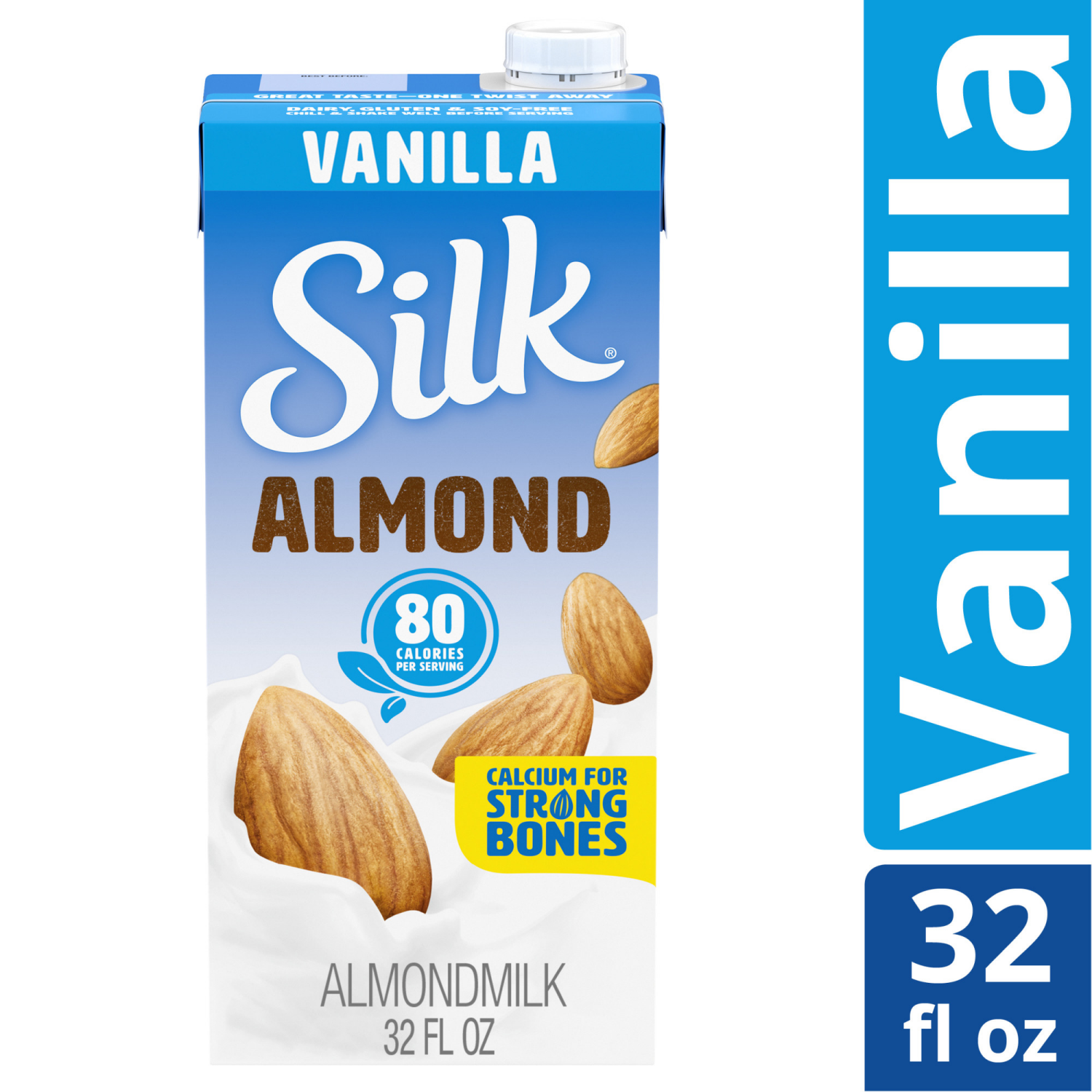 slide 4 of 5, Silk Almond Milk, Vanilla, Shelf Stable, Dairy Free, Lactose Free, Gluten Free 32 FL OZ Quart, 32 fl oz
