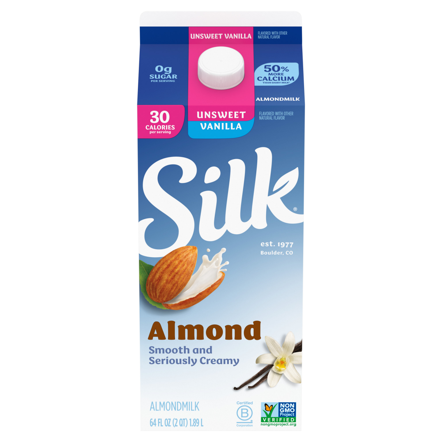 slide 2 of 5, Silk Almond Milk, Unsweet Vanilla, Dairy Free, Gluten Free, 64 FL OZ Half Gallon, 64 fl oz