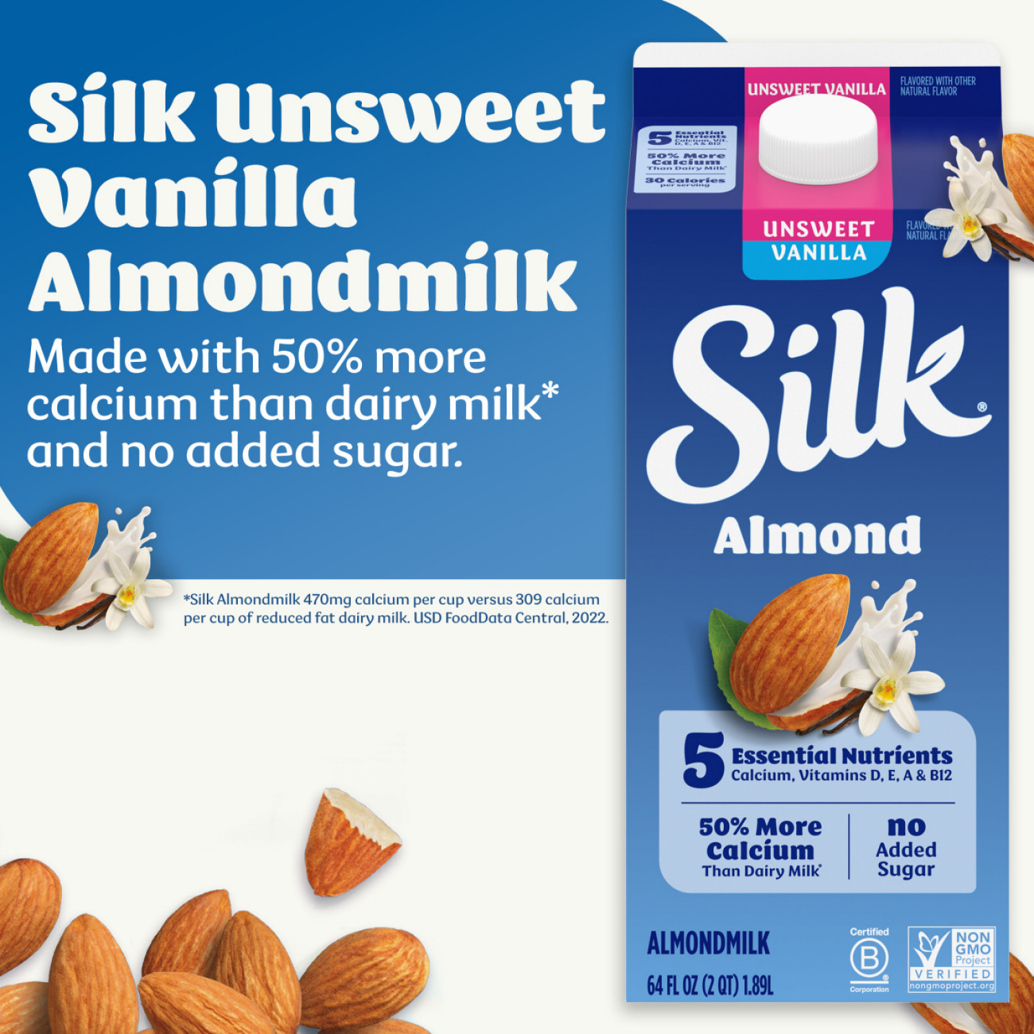 slide 4 of 8, Silk Almond Milk, Unsweet Vanilla, Dairy Free, Gluten Free, 64 FL OZ Half Gallon, 64 fl oz