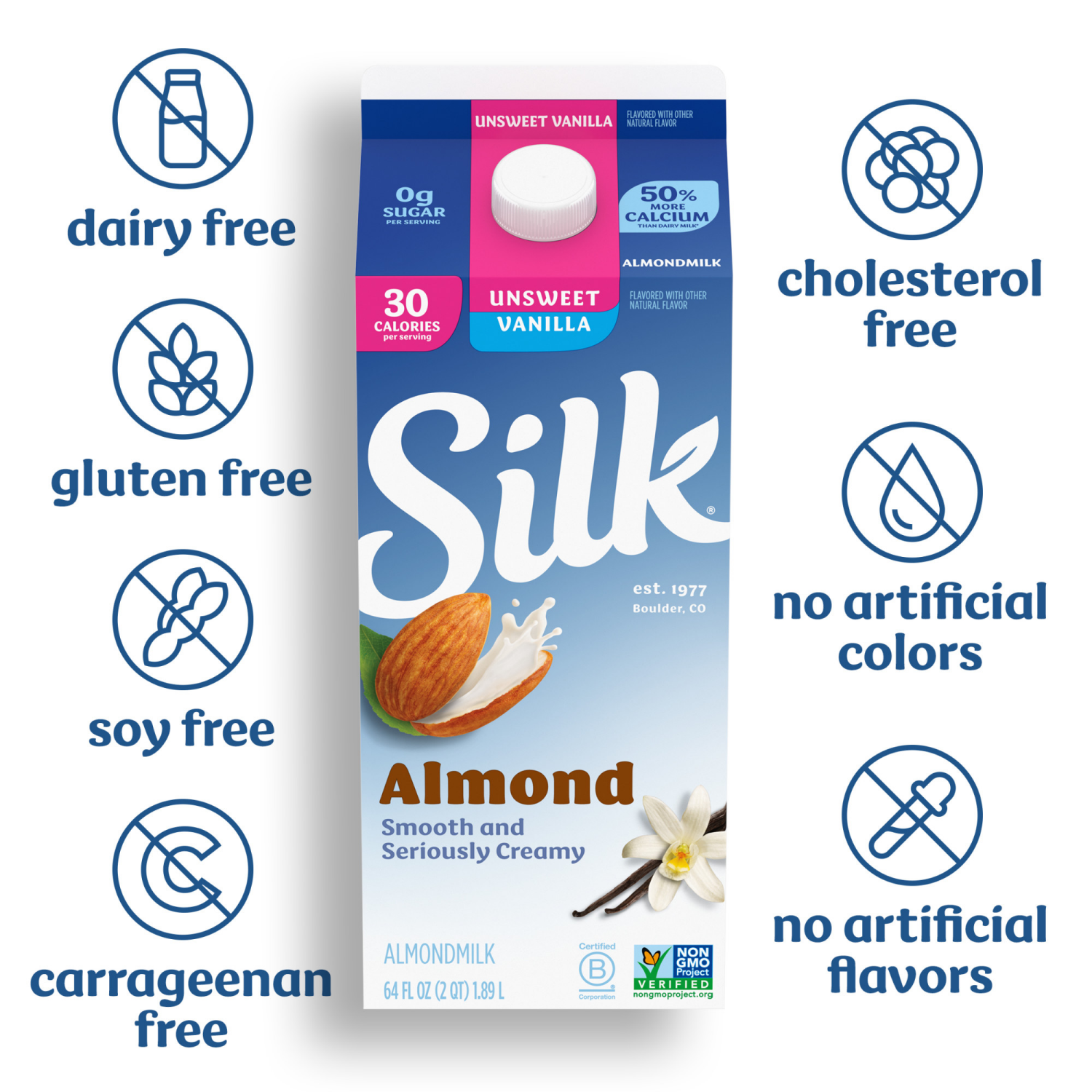 slide 5 of 5, Silk Almond Milk, Unsweet Vanilla, Dairy Free, Gluten Free, 64 FL OZ Half Gallon, 64 fl oz