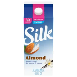 Silk Almond Milk, Unsweet Vanilla, Dairy Free, Gluten Free, 64 FL OZ Half Gallon