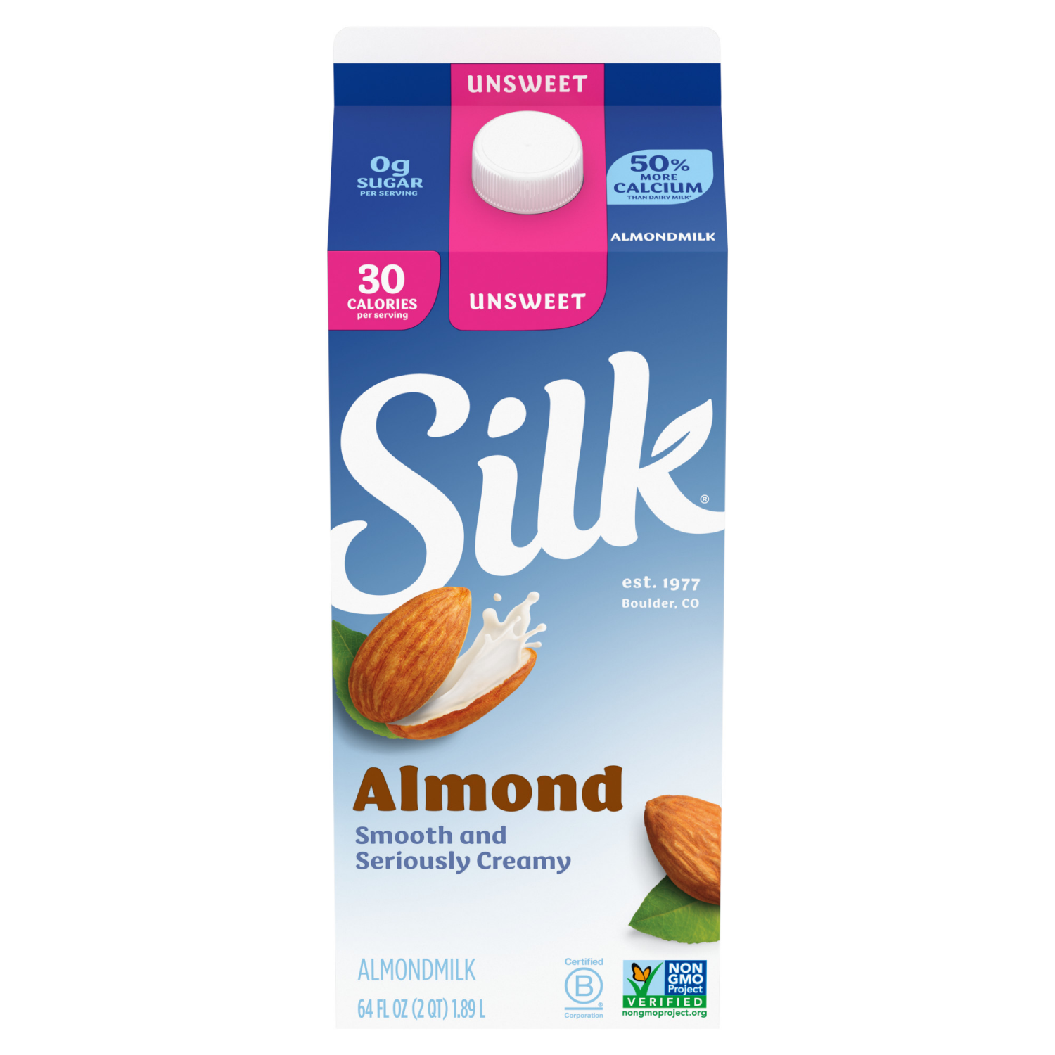 slide 2 of 5, Silk Almond Milk, Unsweet, Dairy Free, Gluten Free, 64 FL OZ Half Gallon, 64 fl oz