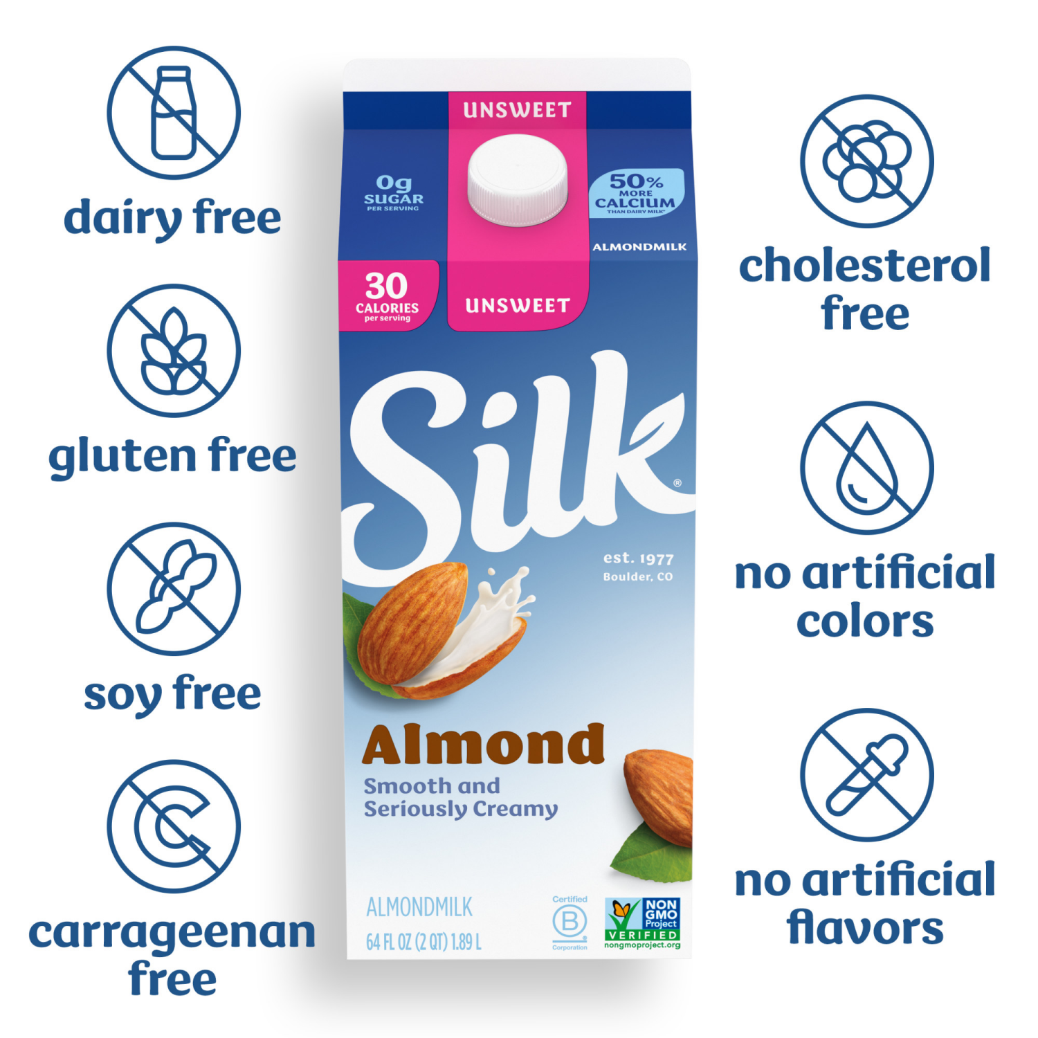 slide 5 of 5, Silk Almond Milk, Unsweet, Dairy Free, Gluten Free, 64 FL OZ Half Gallon, 64 fl oz