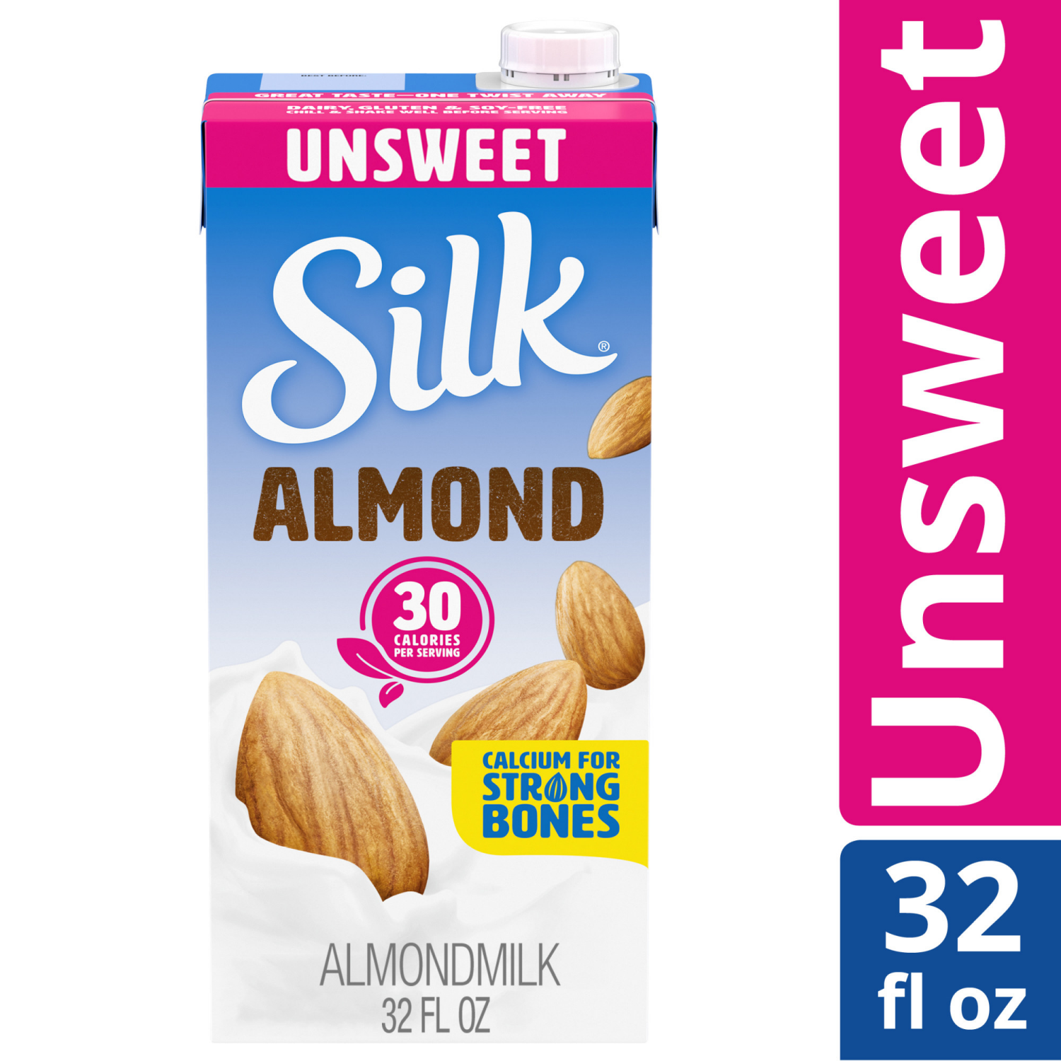 slide 4 of 5, Silk Almond Milk, Unsweetened, Shelf Stable, Dairy Free, Lactose Free, Gluten Free 32 FL OZ Quart, 32 fl oz