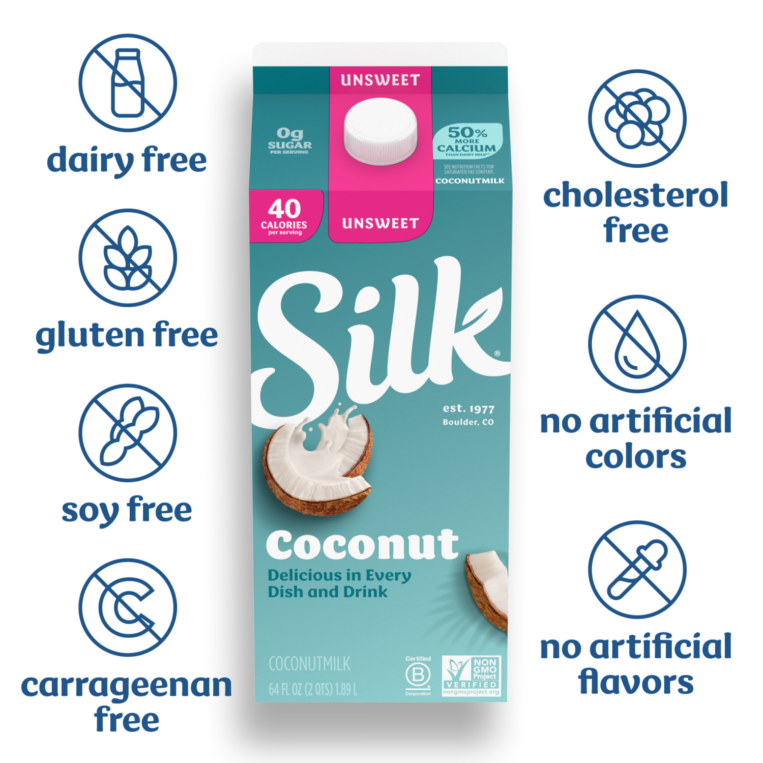 slide 5 of 5, Silk Coconut Milk, Unsweet, Dairy Free, Gluten Free, 64 FL OZ Half Gallon, 64 fl oz