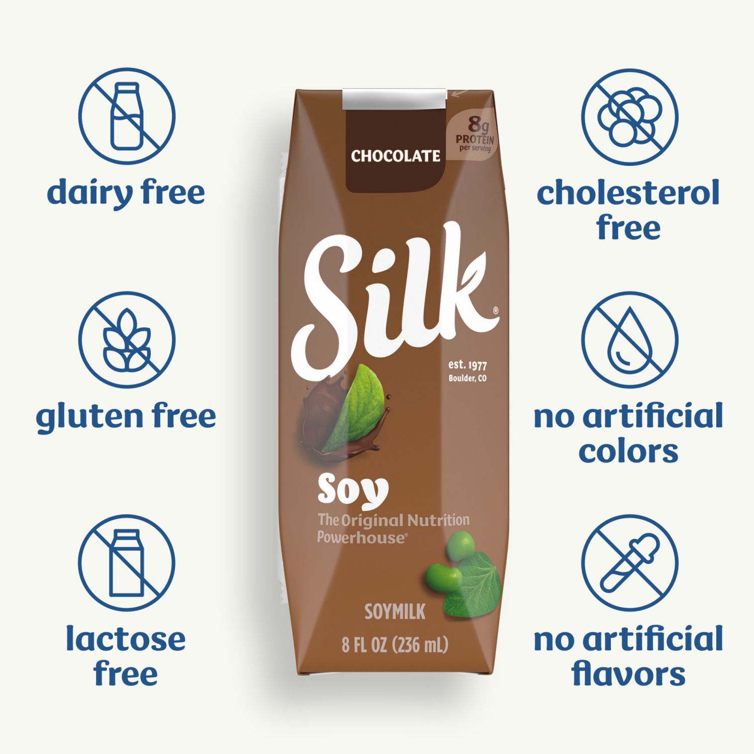 slide 4 of 8, Silk Soy Milk, Chocolate, Shelf Stable, Dairy Free, Lactose Free, Vegan Milk With 8g Protein Per Serving, 8 Fl Oz Carton, 6 Ct, 8 gram, 8 fl oz, 6 ct